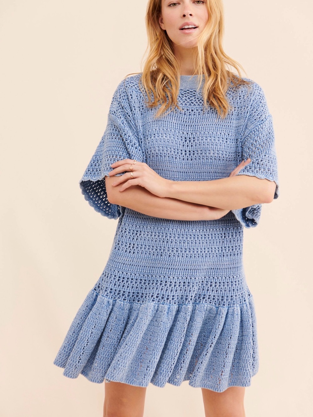 Free People Light Blue Crochet Knit Short Sleeve Tunic